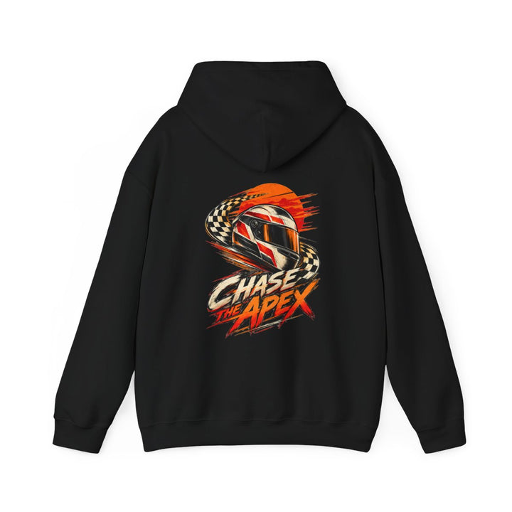CHASE THE APEX — Black Gildan 18500 hoodie, back, provider mockup