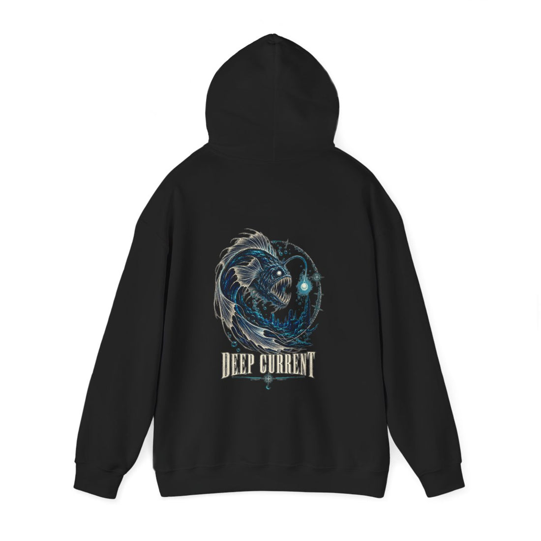 DEEP CURRENT — Black Gildan 18500 hoodie, back hood up, provider mockup