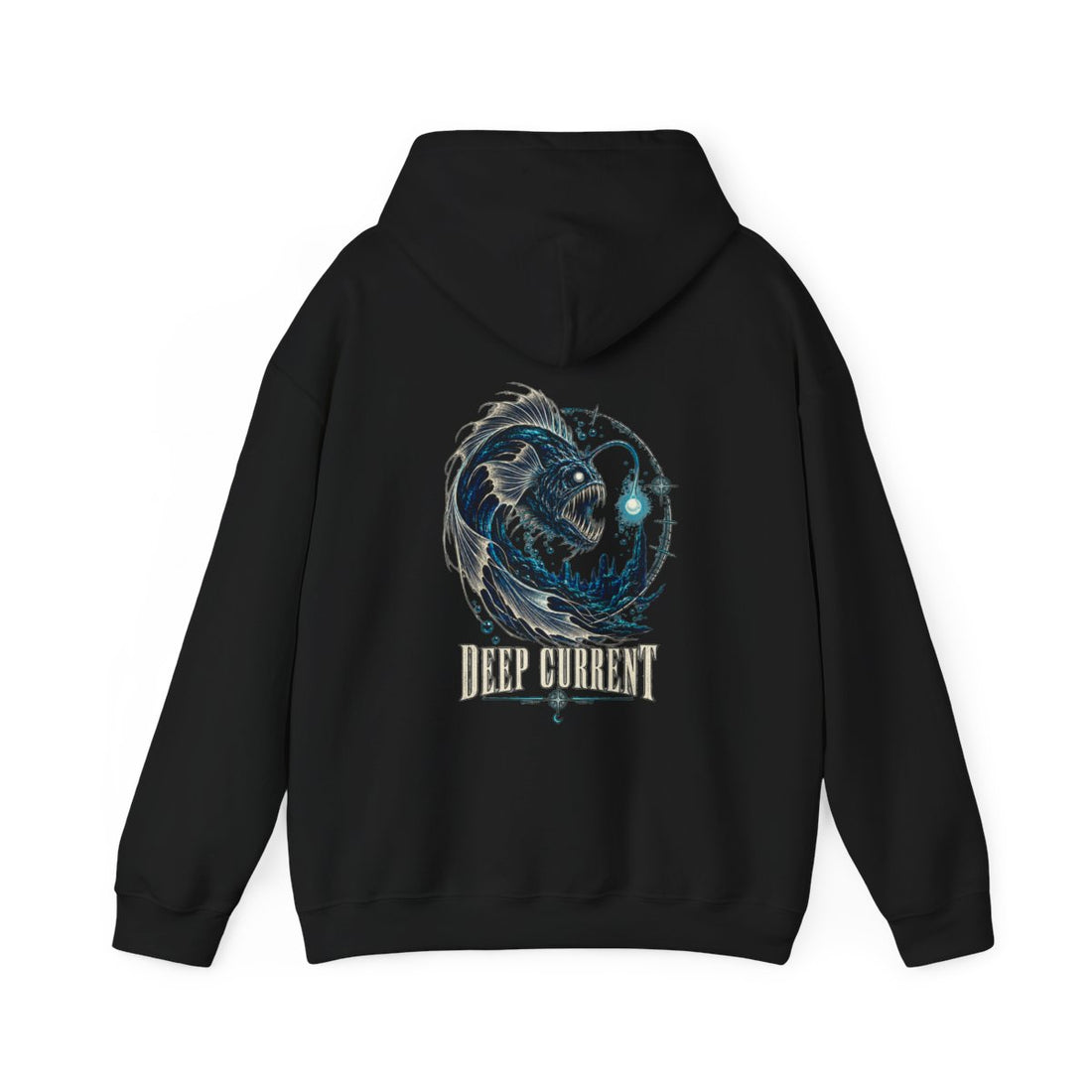 DEEP CURRENT — Black Gildan 18500 hoodie, back, provider mockup