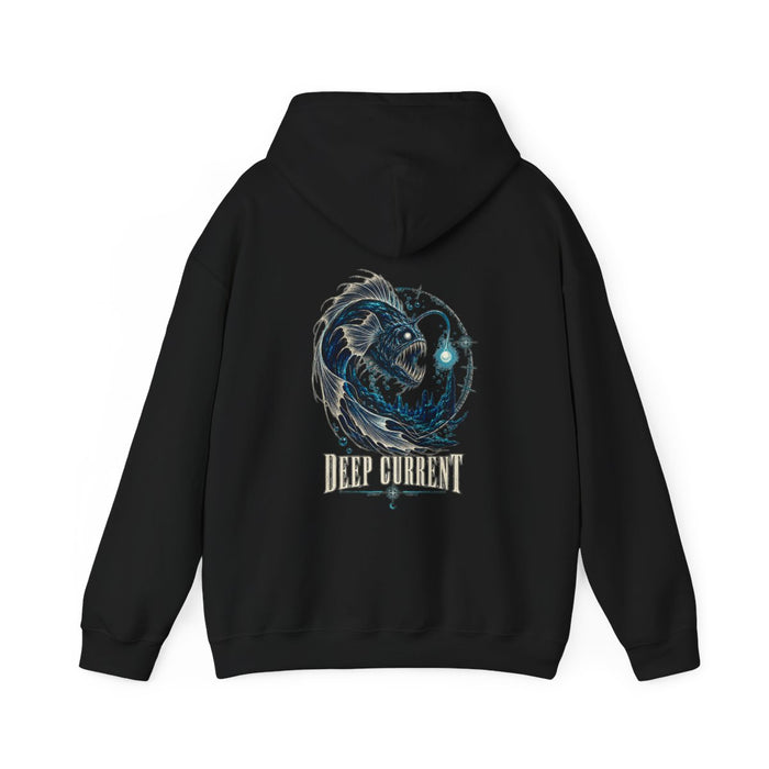 DEEP CURRENT — Black Gildan 18500 hoodie, back, provider mockup