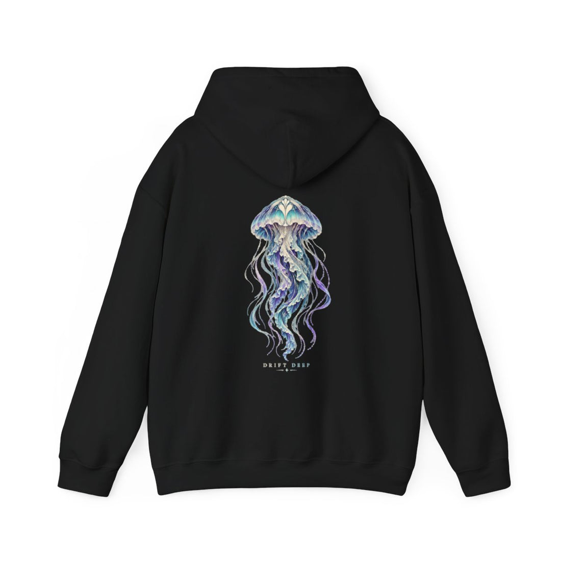 DRIFT DEEP — Black Gildan 18500 hoodie, back, provider mockup