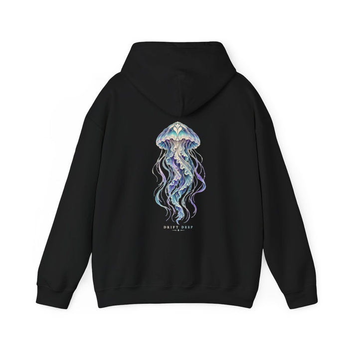 DRIFT DEEP — Black Gildan 18500 hoodie, back, provider mockup