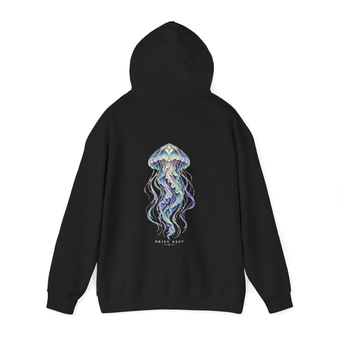 DRIFT DEEP — Black Gildan 18500 hoodie, back hood up, provider mockup