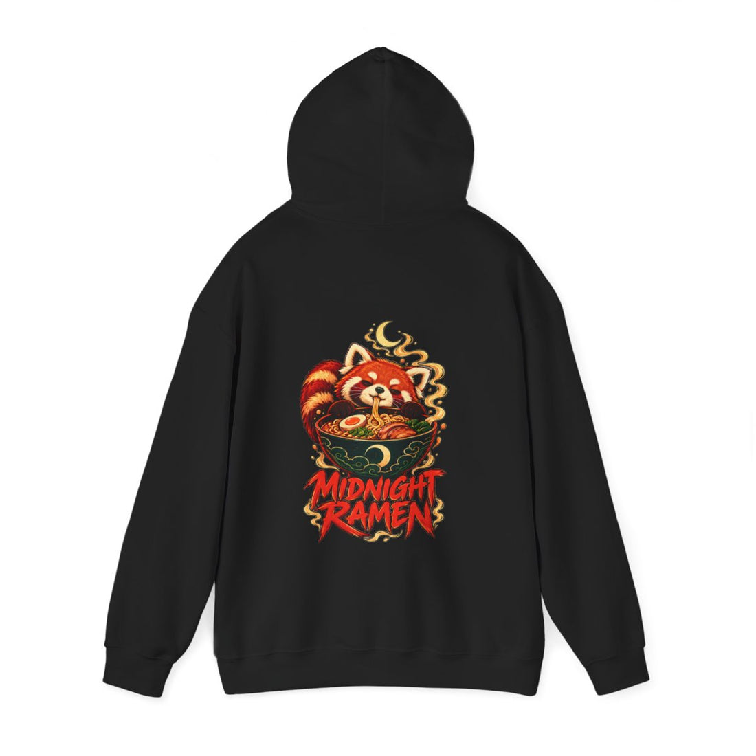 MIDNIGHT RAMEN — Black Gildan 18500 hoodie, back hood up, provider mockup