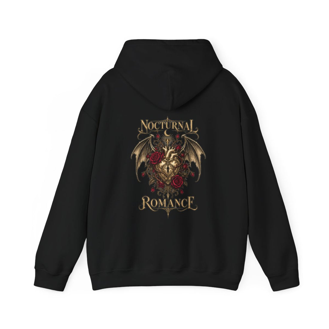 NOCTURNAL ROMANCE — Black Gildan 18500 hoodie, back, provider mockup