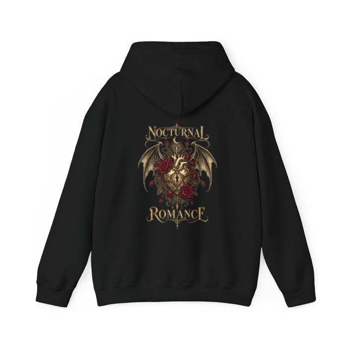 NOCTURNAL ROMANCE — Black Gildan 18500 hoodie, back, provider mockup
