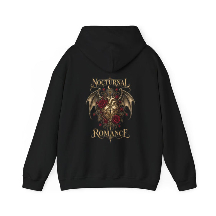 NOCTURNAL ROMANCE — Black Gildan 18500 hoodie, back, provider mockup