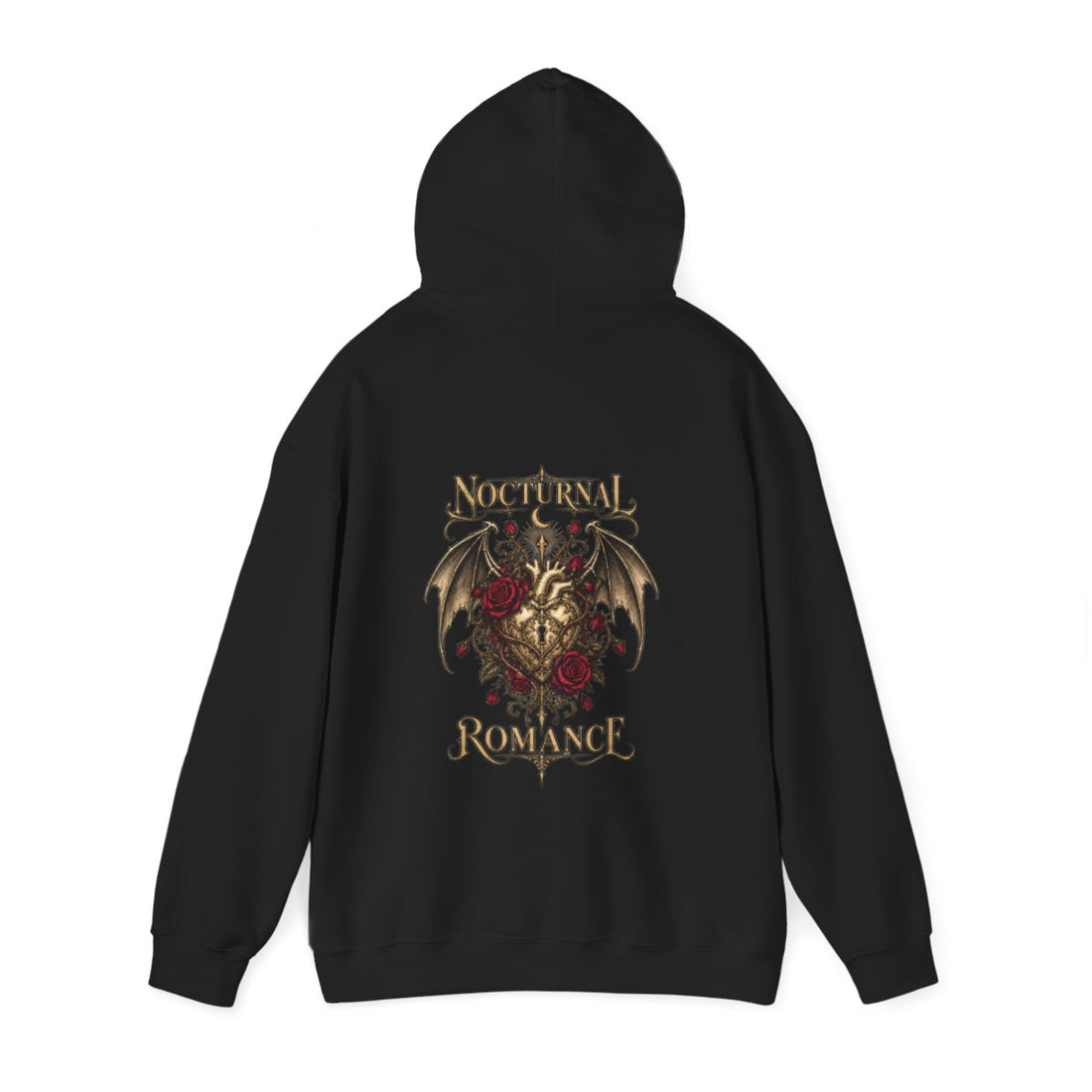 NOCTURNAL ROMANCE — Black Gildan 18500 hoodie, back hood up, Printify provider mockup