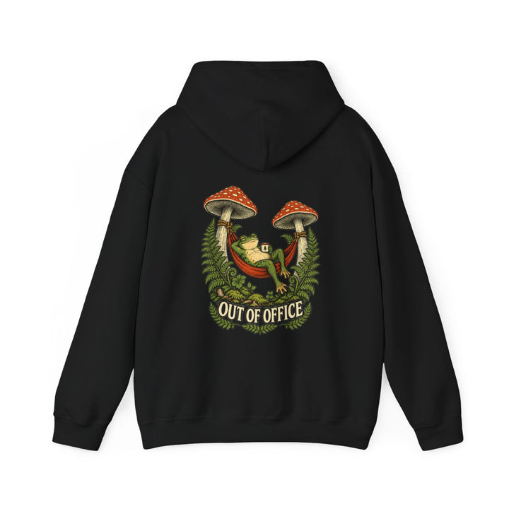 OUT OF OFFICE — Black Gildan 18500 hoodie, back, provider mockup