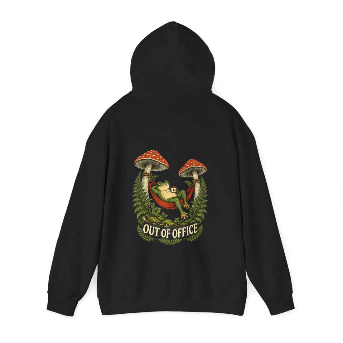 OUT OF OFFICE — Black Gildan 18500 hoodie, back hood up, Printify provider mockup
