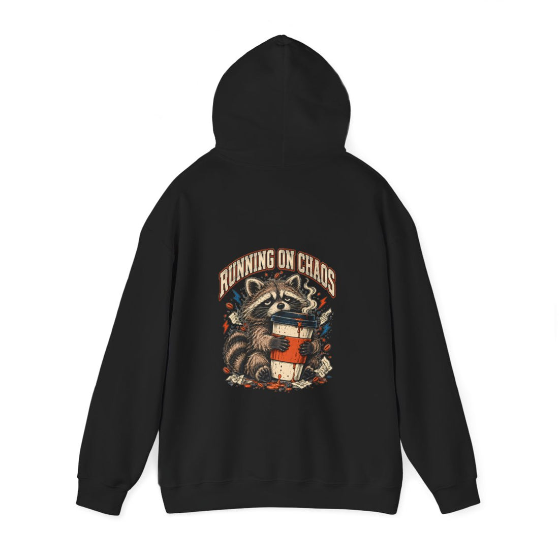 RUNNING ON CHAOS — Black Gildan 18500 hoodie, back hood up, Printify provider mockup