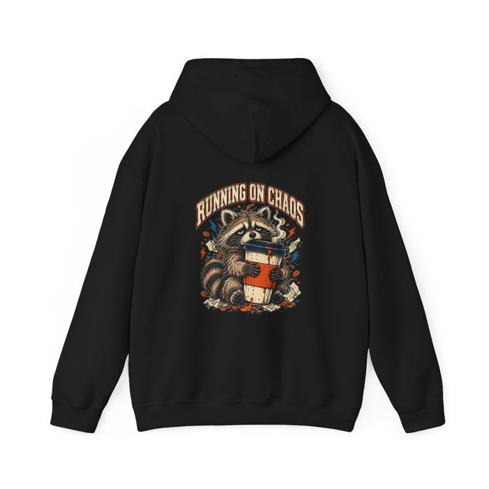 RUNNING ON CHAOS — Black Gildan 18500 hoodie, back, provider mockup