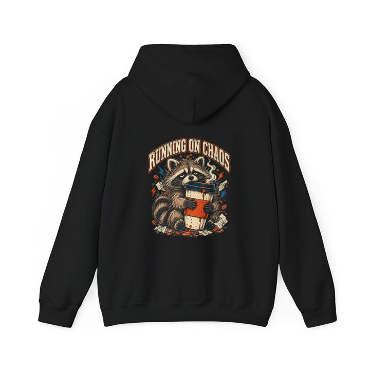 RUNNING ON CHAOS — Black Gildan 18500 hoodie, back, provider mockup