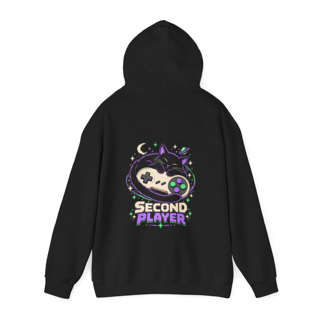 SECOND PLAYER — Black Gildan 18500 hoodie, back hood up, provider mockup