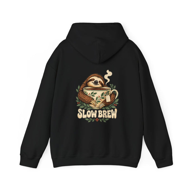 SLOW BREW — Black Gildan 18500 hoodie, back, provider mockup