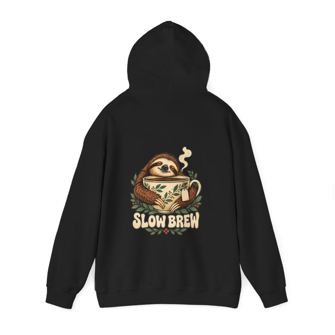 SLOW BREW — Black Gildan 18500 hoodie, back hood up, provider mockup