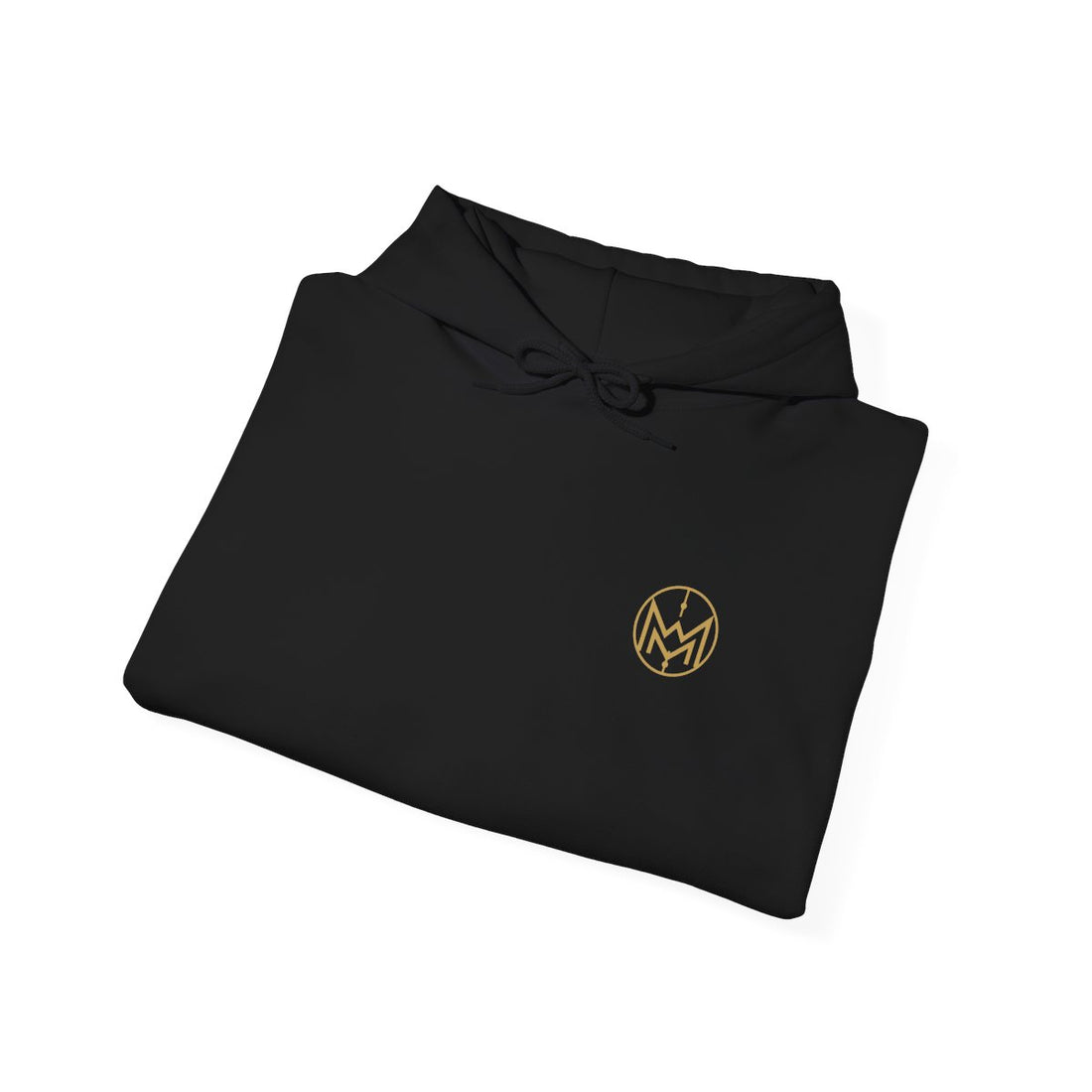 STILL HERE — Black Gildan 18500 hoodie, folded front with Mythic Mode left-chest monogram, Printify provider mockup