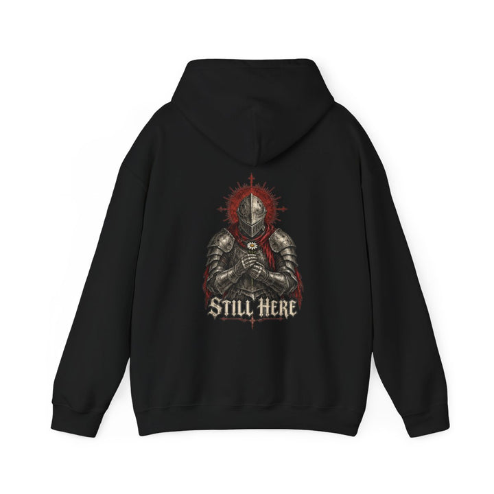 STILL HERE — Black Gildan 18500 hoodie, back, provider mockup