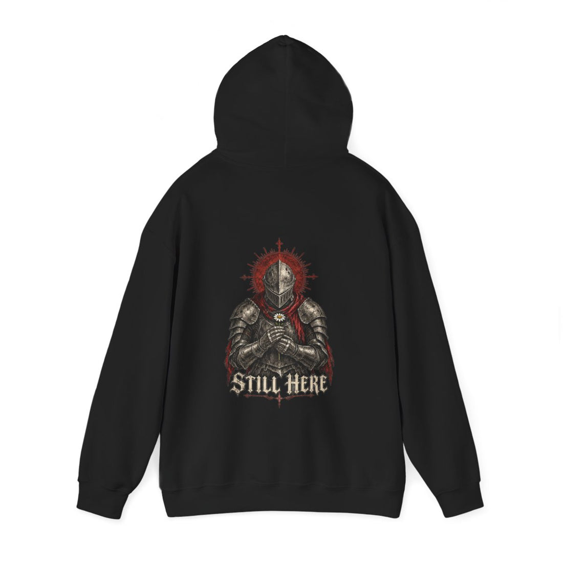 STILL HERE — Black Gildan 18500 hoodie, back hood up, Printify provider mockup