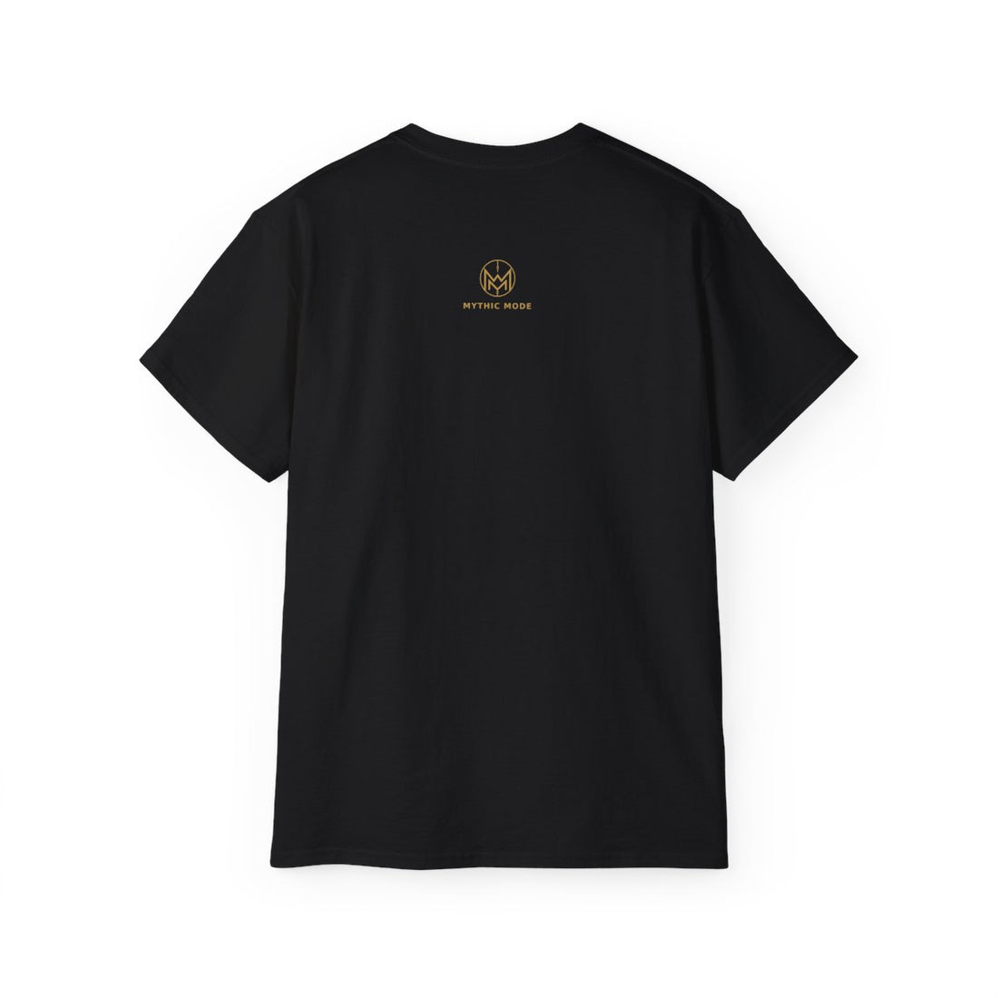 Mycenaean Gold-Weave Blade T-Shirt — Printify upper-back Mythic Mode monogram view
