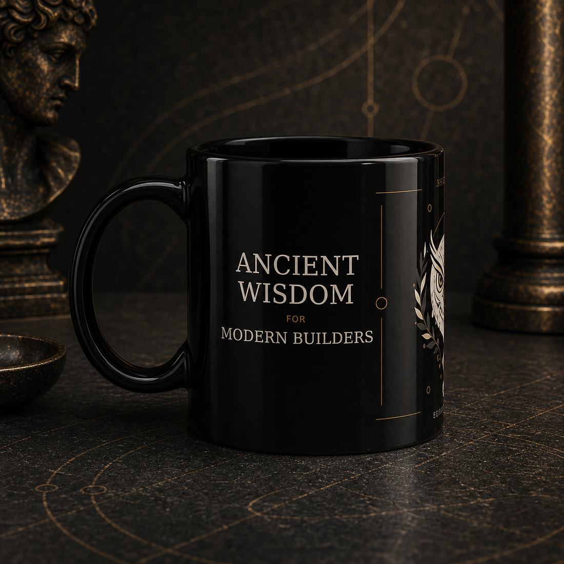 Mythic Mode Black Coffee Cup Ancient Wisdom side mockup
