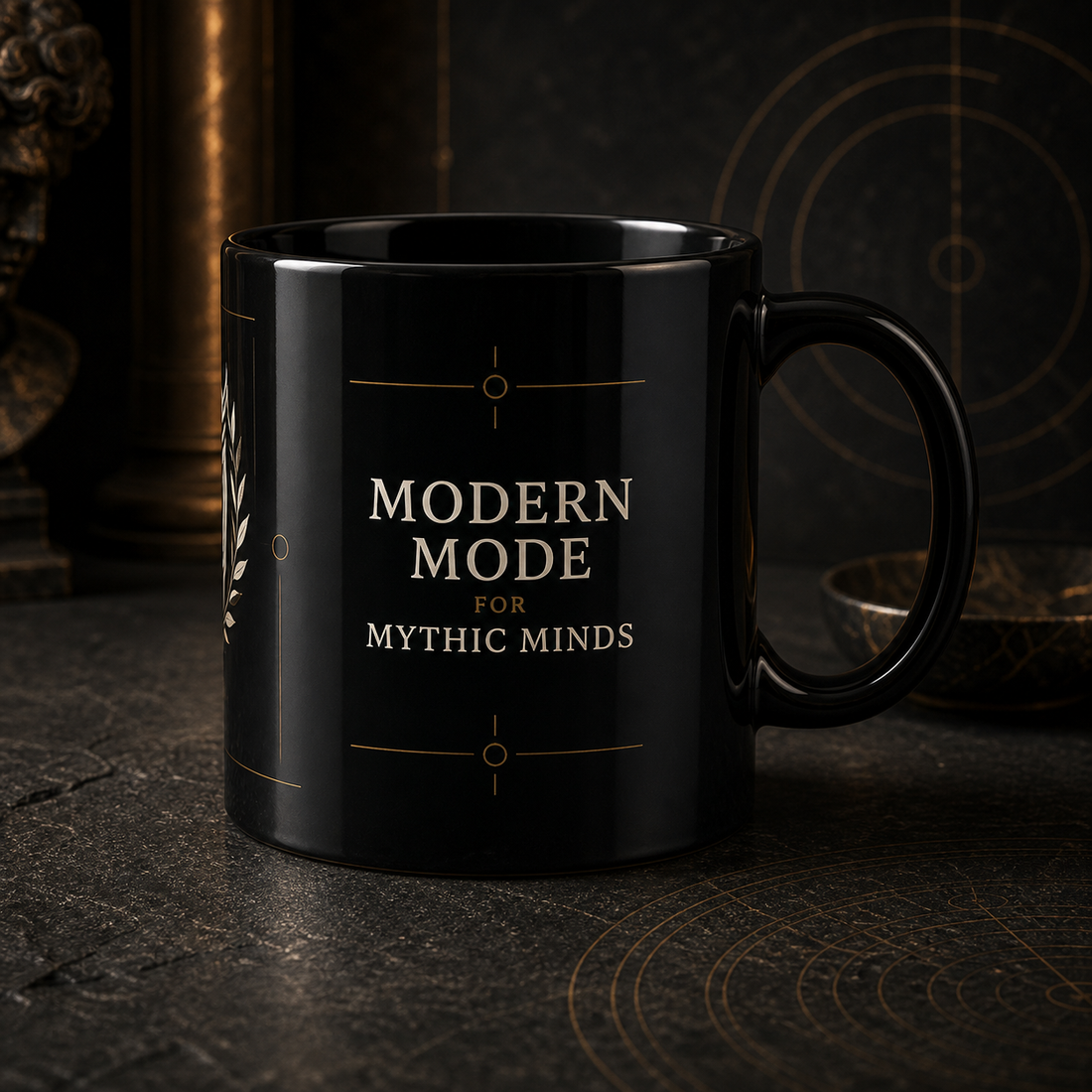 Mythic Mode Black Coffee Cup Modern Mode side mockup