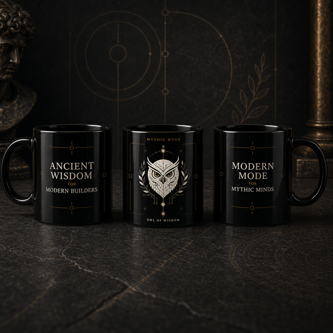 Mythic Mode Black Coffee Cup Owl of Wisdom three-angle product mockup