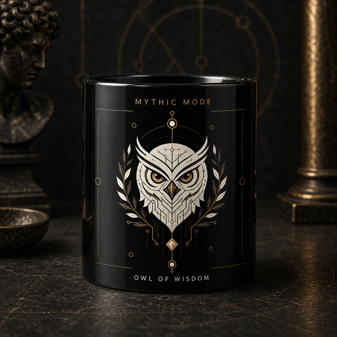 Mythic Mode Black Coffee Cup Owl of Wisdom front mockup
