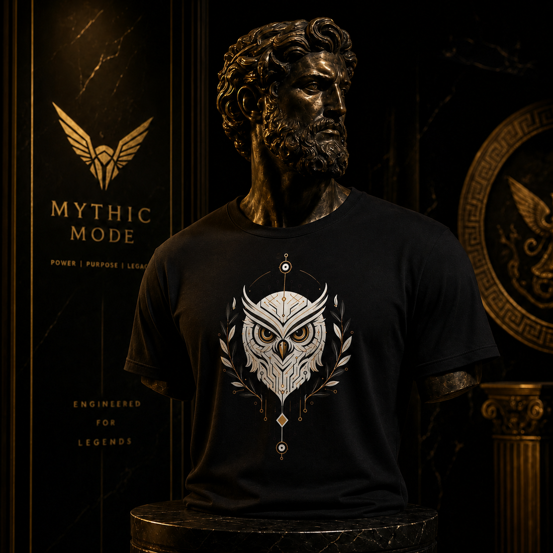 Owl of Wisdom T-shirt worn by a classical statue — Mythic Mode