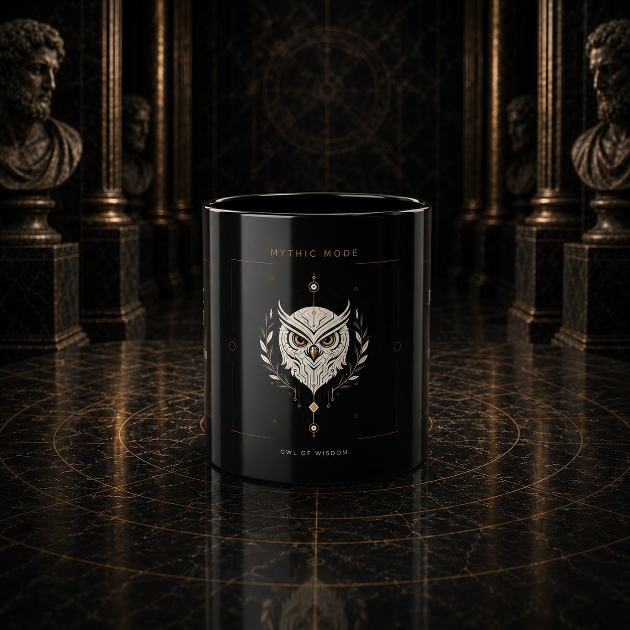 Mythic Mode Owl of Wisdom black coffee cup front view