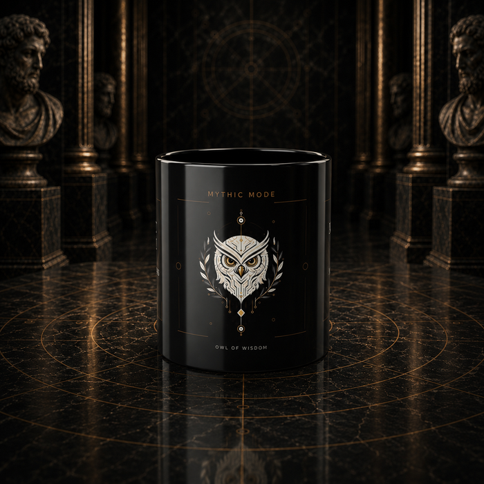 Mythic Mode Owl of Wisdom black coffee cup front view