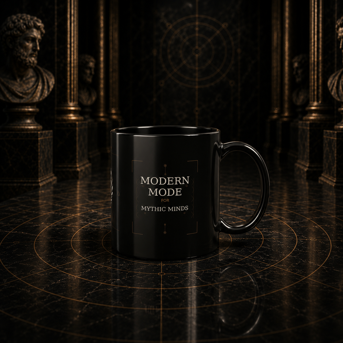 Mythic Mode Owl of Wisdom black coffee cup mockup 3