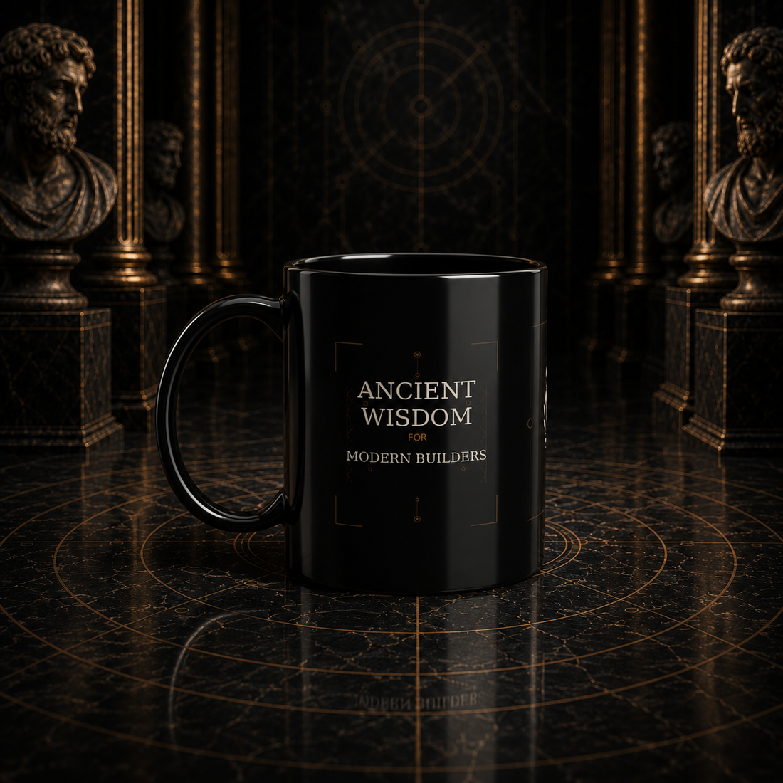 Mythic Mode Owl of Wisdom black coffee cup mockup 2