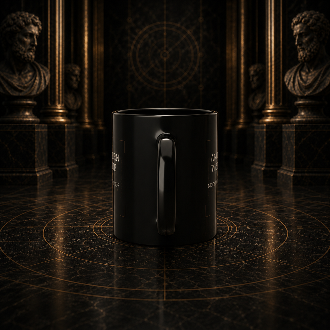 Mythic Mode Owl of Wisdom black coffee cup mockup 4
