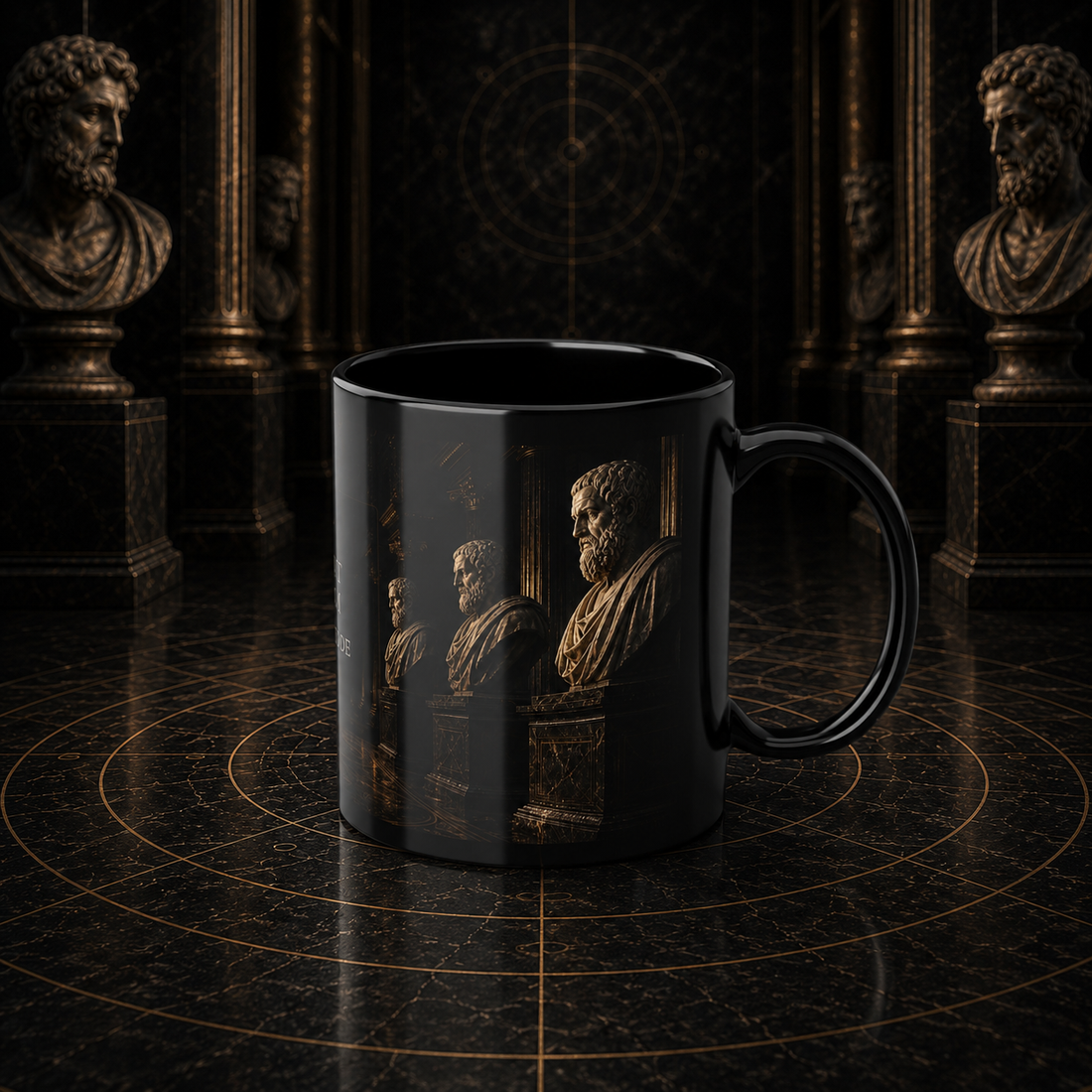 Mythic Mode Philosophy Corridor black coffee cup mockup 2