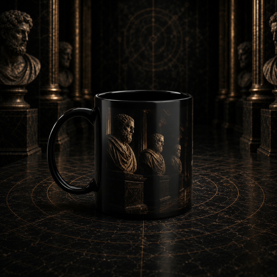 Mythic Mode Philosophy Corridor black coffee cup mockup 3