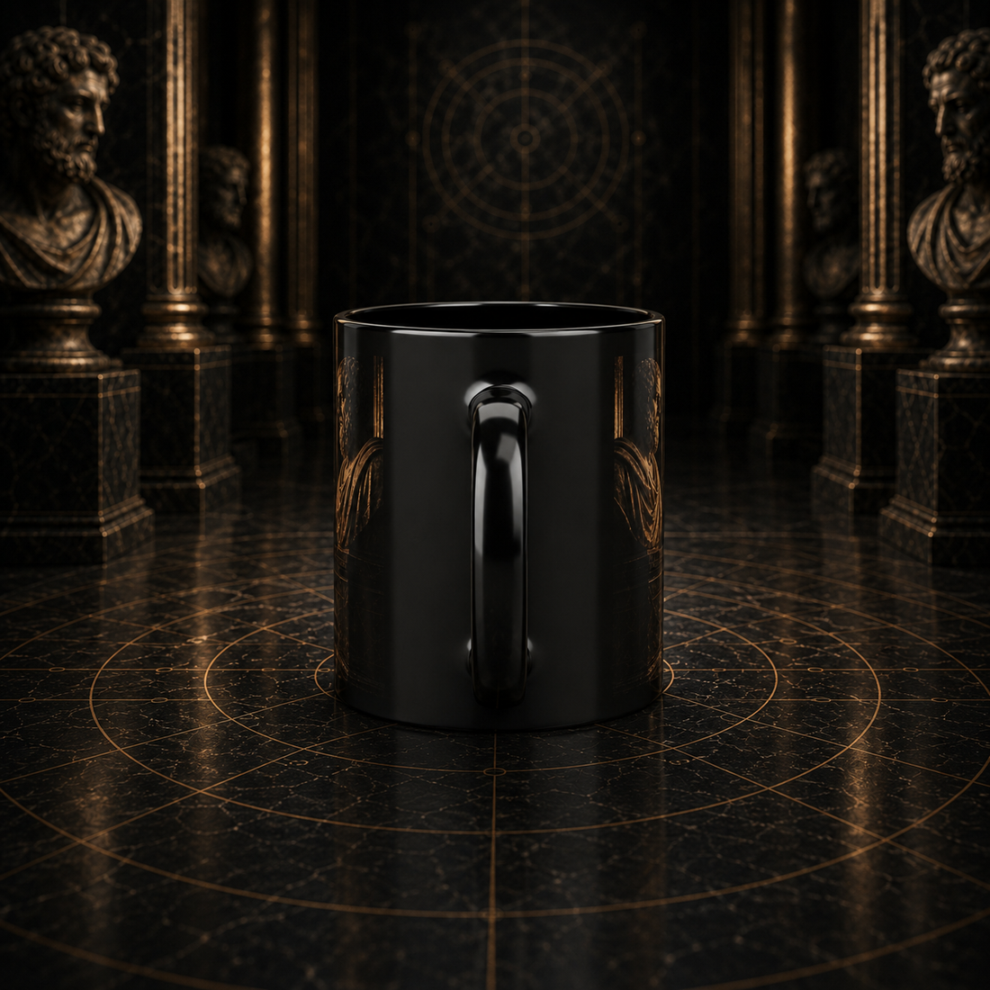 Mythic Mode Philosophy Corridor black coffee cup mockup 4